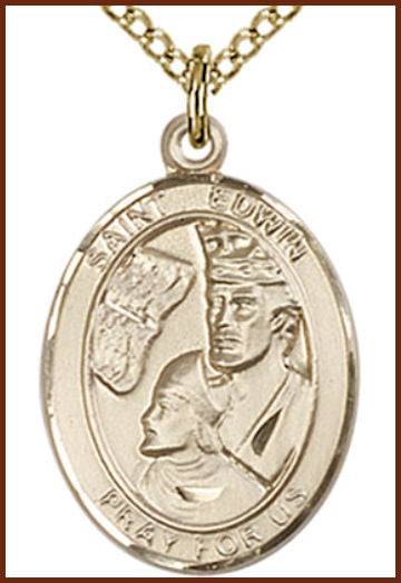 14kt Gold Filled Medal, 3/4"x9/16", St. Edwin, Your choice of chain, # 55087