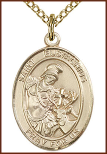 Solid 14kt Gold Medal, 3/4"x9/16", St. Eustachius, Free Chain, # 55097