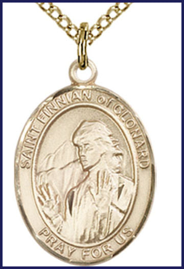 Solid 14kt Gold Medal, 3/4"x9/16", St. Finnian of Clonard, Free Chain, # 55103