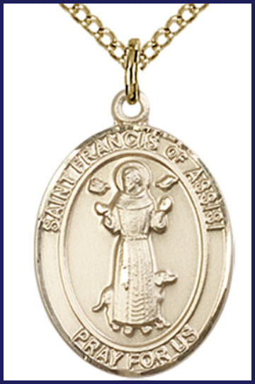 Solid 14kt Gold Medal, 3/4"x9/16", St. Francis of Assisi, Free Chain, # 55113