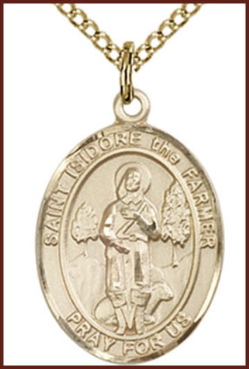 Solid 18kt Gold Medal, 3/4"x9/16", St. Isidore the Farmer, Free Chain, # 55192