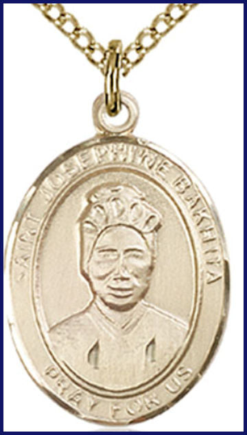 Solid 18kt Gold Medal, 3/4"x9/16", St. Josephine Bakhita, Free Chain, # 55289