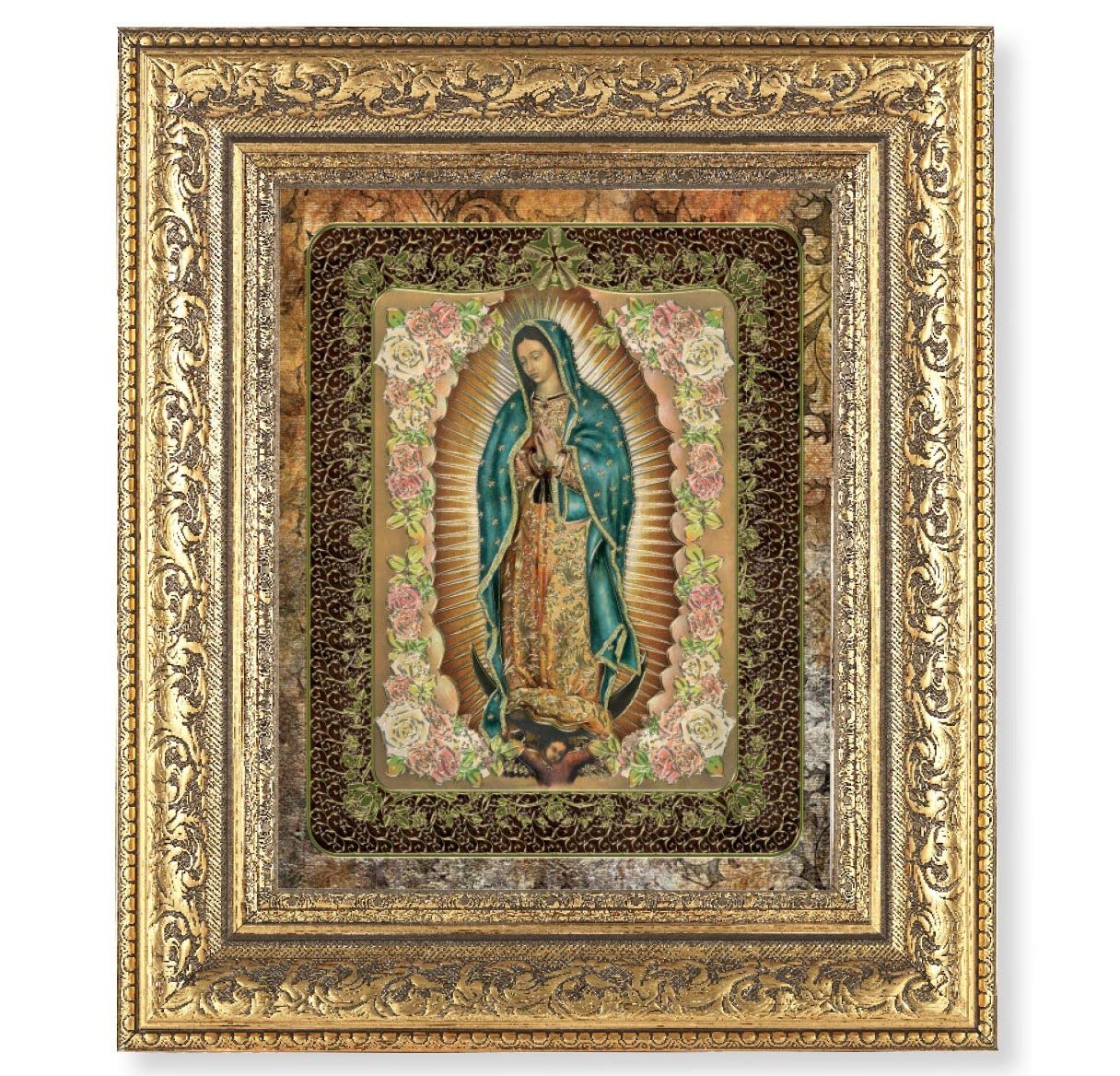 Our Lady of Guadalupe Picture, 12-1/2"x14-1/2, Antique Gold Leaf Carvings Ornate Frame, Italian Gold Stamped Print Under Glass # 25480