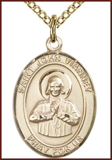 Solid 14kt Gold Medal, 3/4"x9/16", St. John Vianney, Free Chain, # 55347