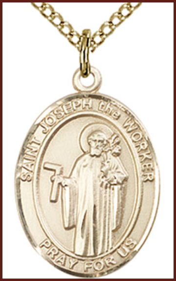 Solid 14kt Gold Medal, 3/4"x9/16", St. Joseph the Worker, Free Chain, # 55363