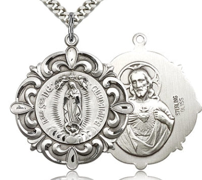 1-1/8" Ornate O.L. Of Guadalupe Sterling Medal, Your Choice of Chain # 5537
