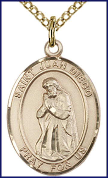 Solid 18kt Gold Medal, 3/4"x9/16", St. Juan Diego, Free Chain, # 55370