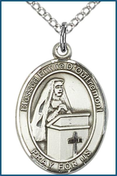 Sterling Silver Medal, 3/4"x9/16", Blessed Emilee Doultremont, Your Choice of Chain, # 55377