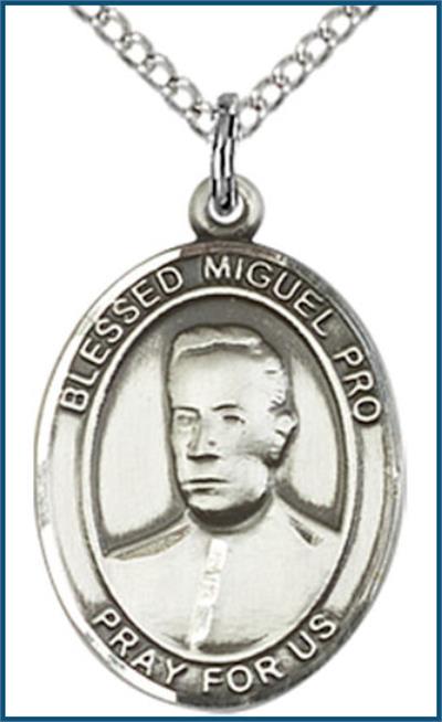 Sterling Silver Medal, 3/4"x9/16", Blessed Miguel Pro, Your Choice of Chain, # 55381