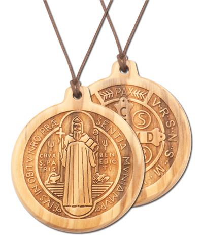 2-3/4" x 3" Engraved Wood St. Benedict Medallion, 28" Cord,# 55435
