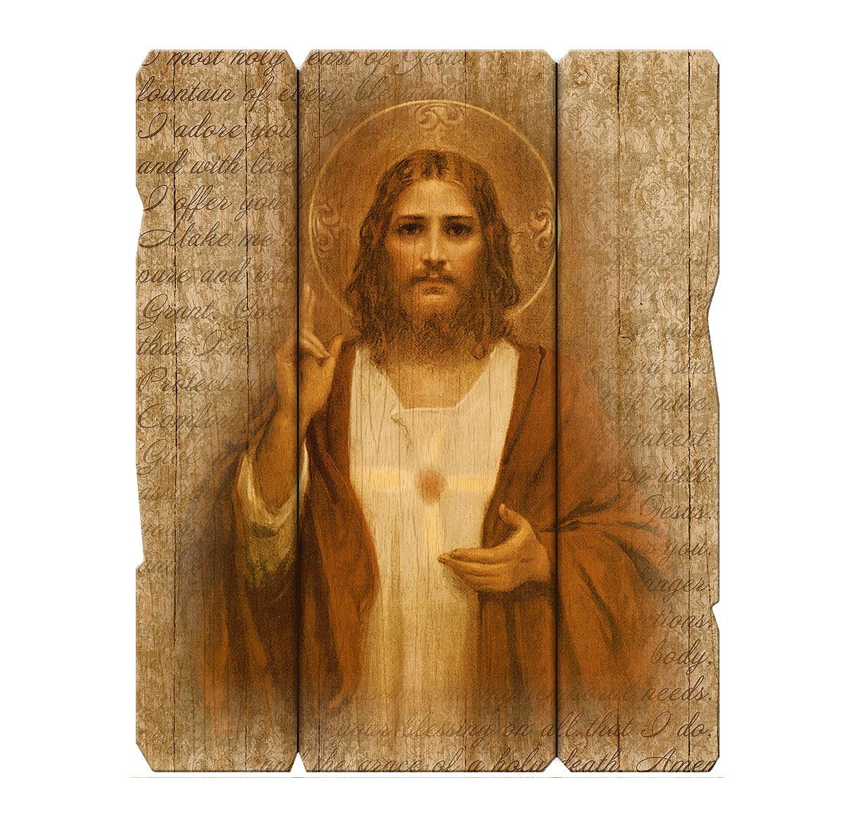 Sacred Heart Vintage Wooden Wall Plaque, 7.5"x9", # 1422