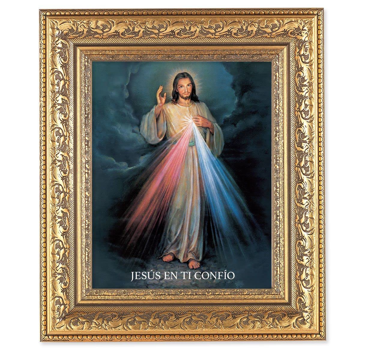 Spansh Divine Mercy Picture, 12-1/2"x14-1/2, Antique Gold Leaf Carvings Ornate Frame, Italian Print Under Glass # 25437