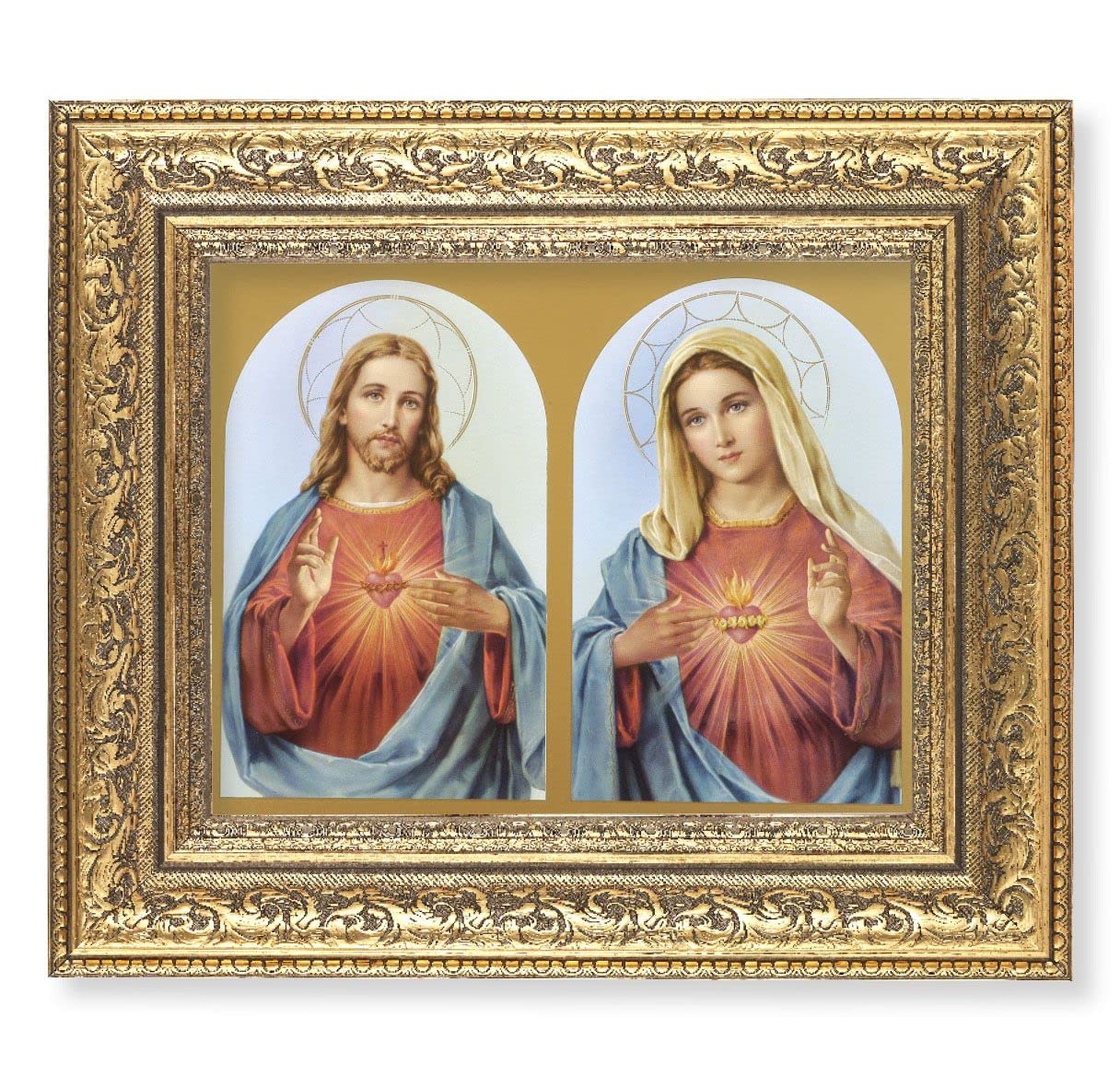 The Sacred Hearts Picture, 12-1/2"x14-1/2, Antique Gold Leaf Carvings Ornate Frame, Italian Print Under Glass # 25457