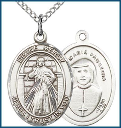 Sterling Silver Medal, 3/4"x9/16", Divine Mercy, Your Choice of Chain, # 56773