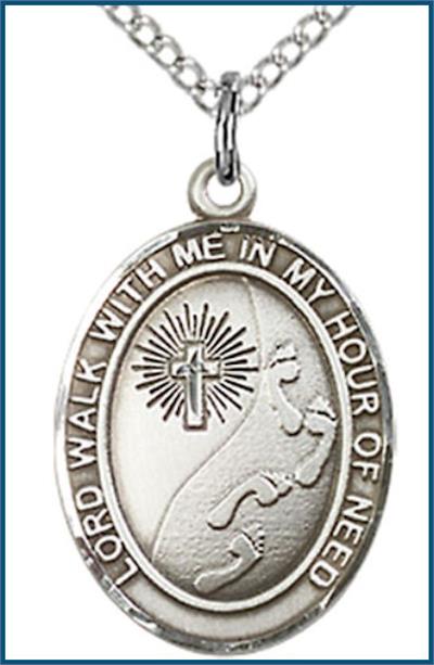 Sterling Silver Medal, 3/4"x9/16", Footprints / Cross, Your Choice of Chain, # 56777
