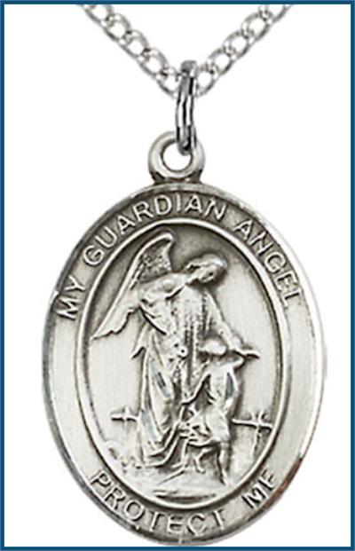 Sterling Silver Medal, 3/4"x9/16", Guardian Angel, Your Choice of Chain, # 56779