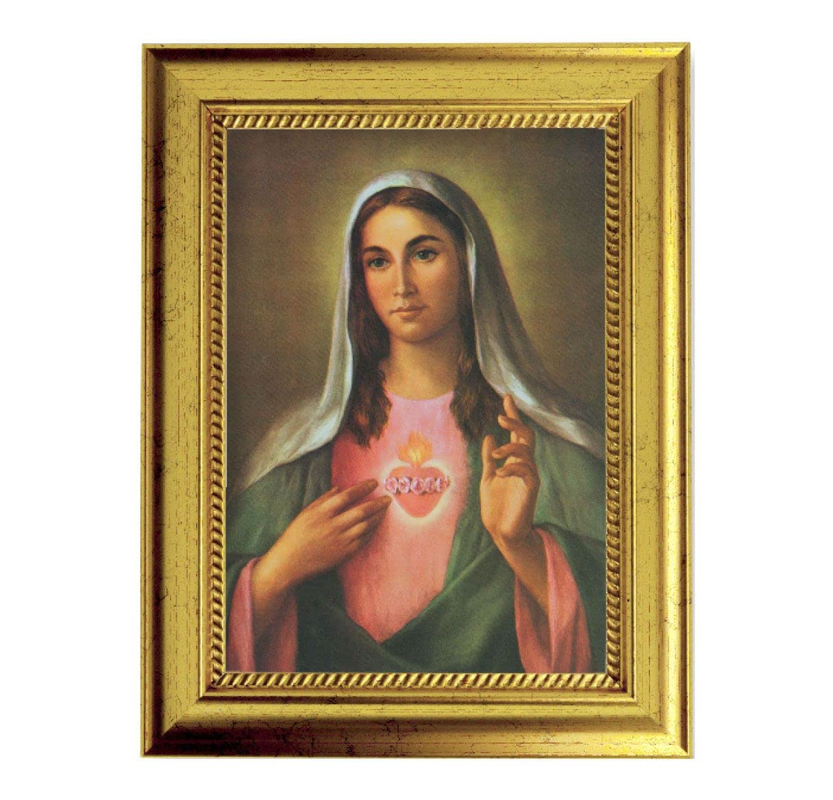 La Fuente: Immaculate Heart of Mary Picture, 6-3/4"x8-3/4 Antique Gold Frame with Rope Detail Lip, Textured # 27987