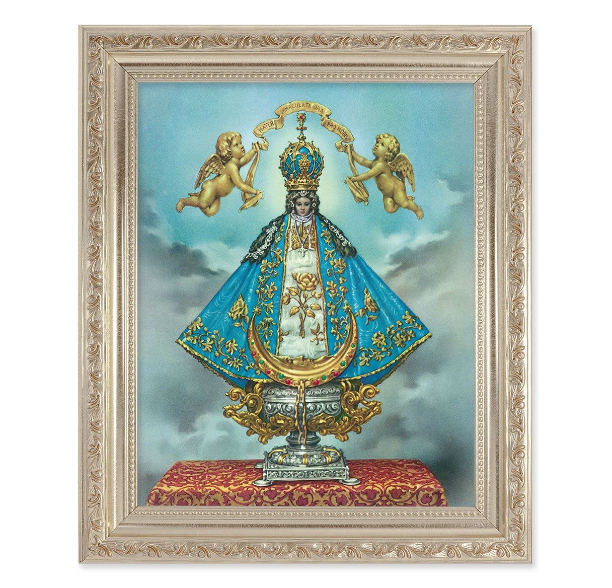Virgen de San Juan, 10"x12" Antique Silver & Carved Scrollwork Frame, Italian Print Under Glass # 26828