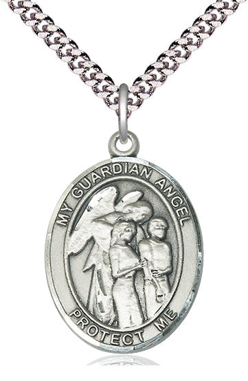 Guardian Angel with Children Medal in Fine Pewter, 3/4" tall, Your Choice of Chain, # 5704