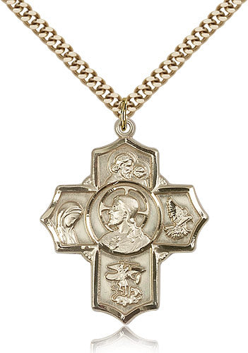 Sacred Heart Five - Way Medal 1-3/16" 14kt Gold Filled, your choice of chain # 43456