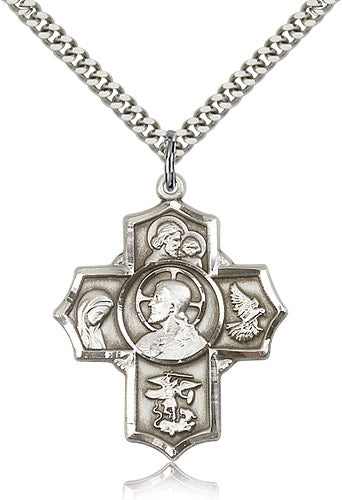 Sacred Heart Five - Way Medal 1-3/16" Sterling Silver, your choice of chain # 43455