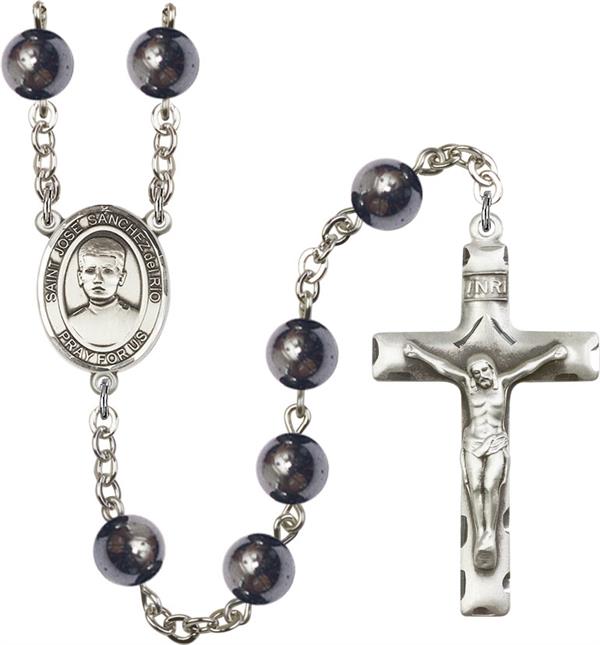 8mm Hematite Silver Plate Rosary, St. Jose Luis Sanchez Del Rio, # 57583