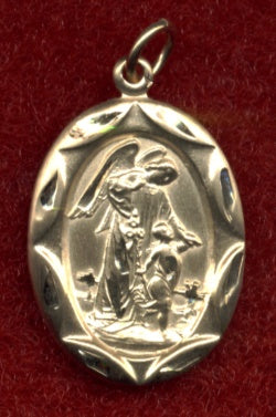 Solid 14kt Gold Large Oval Guardian Angel Medal, Free Chain, # 5762