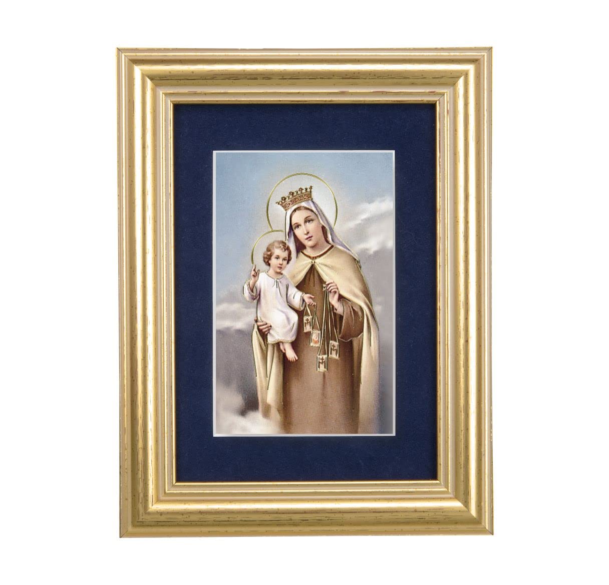 Our Lady of Mount Carmel Picture, 5"x6.5" Antique Gold Fluted Frame, Behind Blue Velvet Matting # 28272