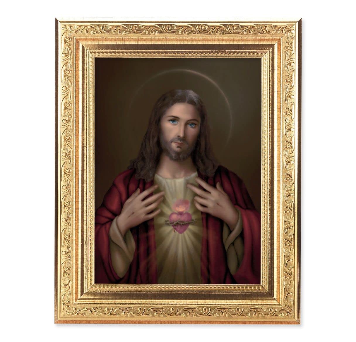 Sacred Heart of Jesus Picture, 8-1/4"x10-1/4 Gold-Leaf Finish Acanthus Leaf Detail Under Glass # 27671