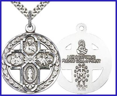1-1/8" 4-Way Medal in Wreath, Sterling Silver, Your Choice of Chain, # 5883