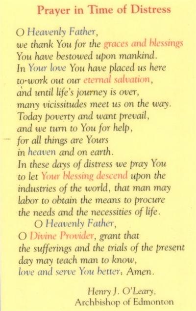 Prayer in Time of Distress, Laminated Holy Card, # 59036