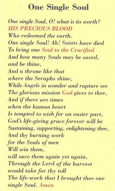 One Single Soul Prayer,  Laminated Holy Card,. # 59042.