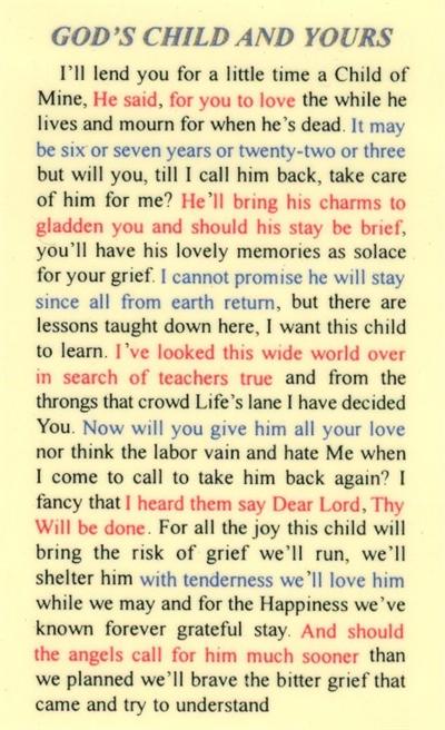 God's Child and Yours Laminated Holy Card,. # 59051.