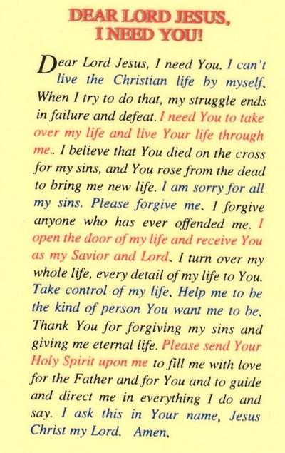 Dear Lord Jesus I Need You! Prayer, Laminated Holy Card, 25-Pack, # 59055