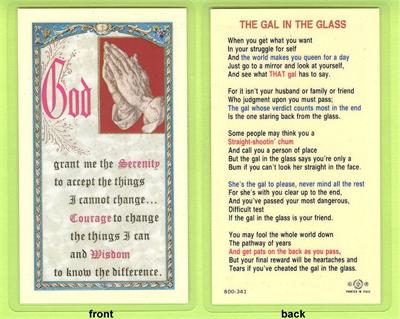 The Gal in the Glass Prayer, Laminated Holy Card,. # 59081.|