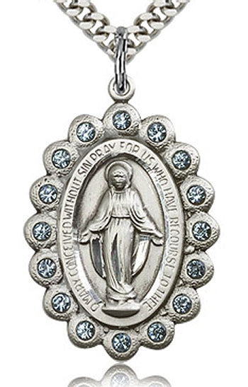 Aqua Crystal Border Miraculous Medal 1-1/8" Sterling Silver, Your Choice of Chain, # 59225