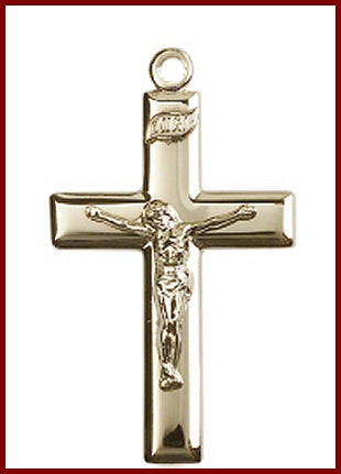Solid 14kt Gold Crucifix, 1-3/8", Polished, Free Chain, # 59652