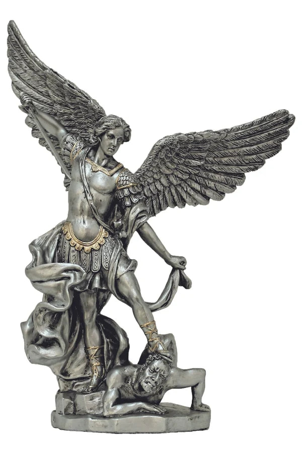 8" St. Michael Statue, Pewter Finish Resin with Gold Highlights #59 SALE ITEM