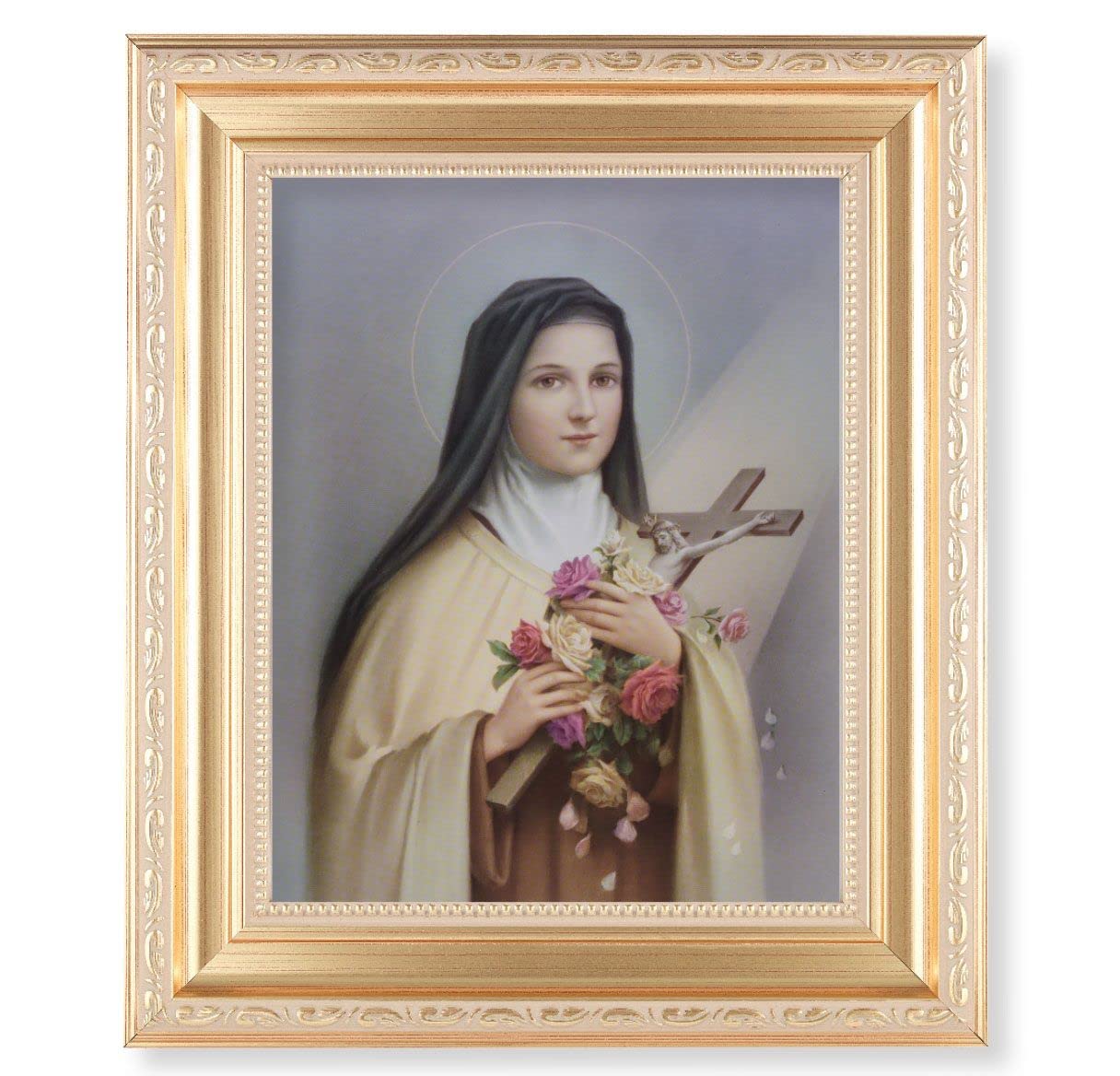 St. Therese of Lisieux, 11.5"x13.5" Satin Gold Frame, Distressed Finish with Scrollwork, Italian Print Under Glass # 26470