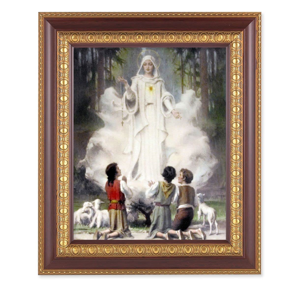 Our Lady of Fatima, 11-1/2"x13-1/2, Cherry Finish with Gold Egg & Dart Frame, Italian Print Under Glass # 26109