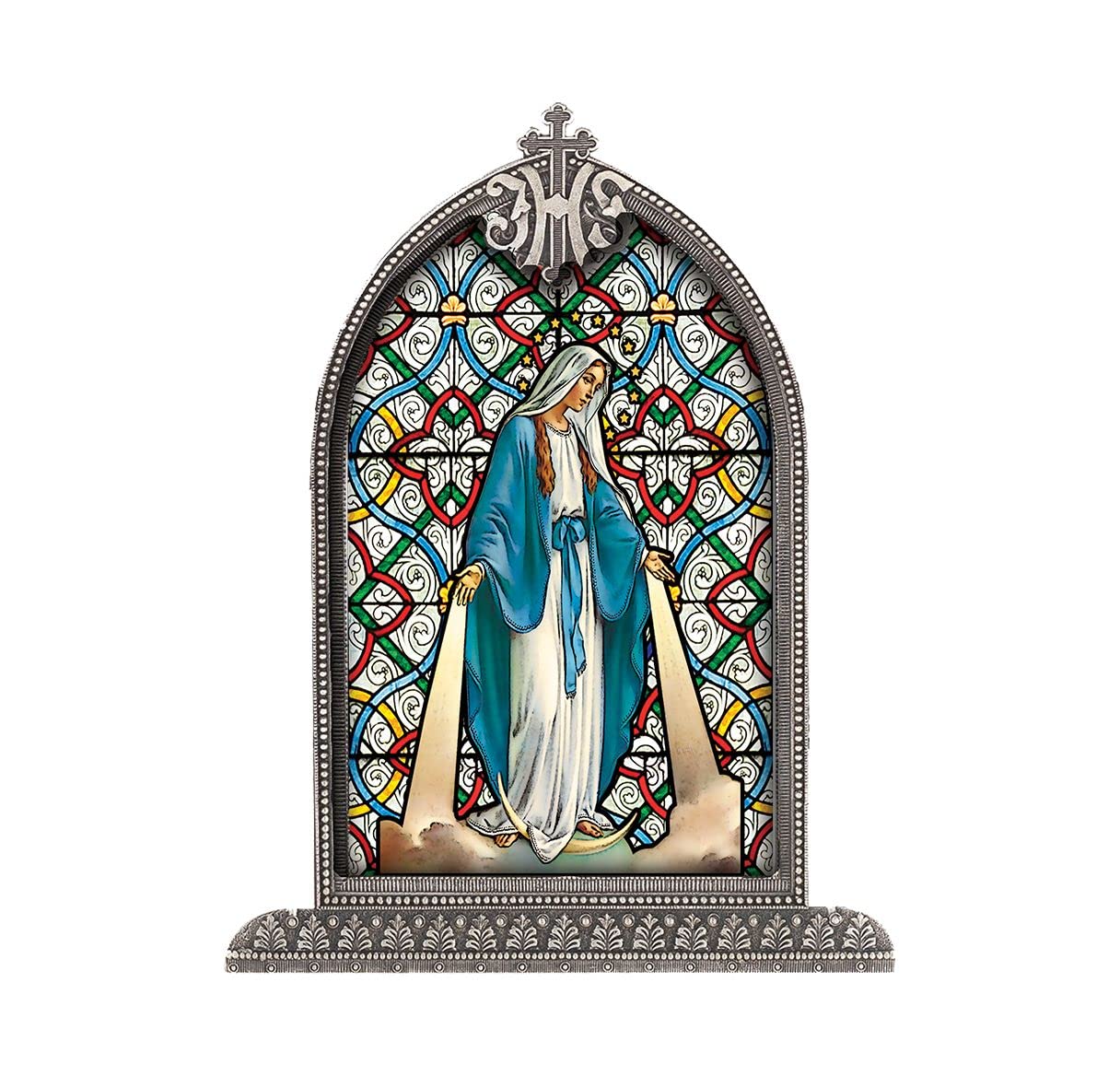 Our Lady of Grace Textured Italian Art Glass in Arched Frame, 6.5", # 1395