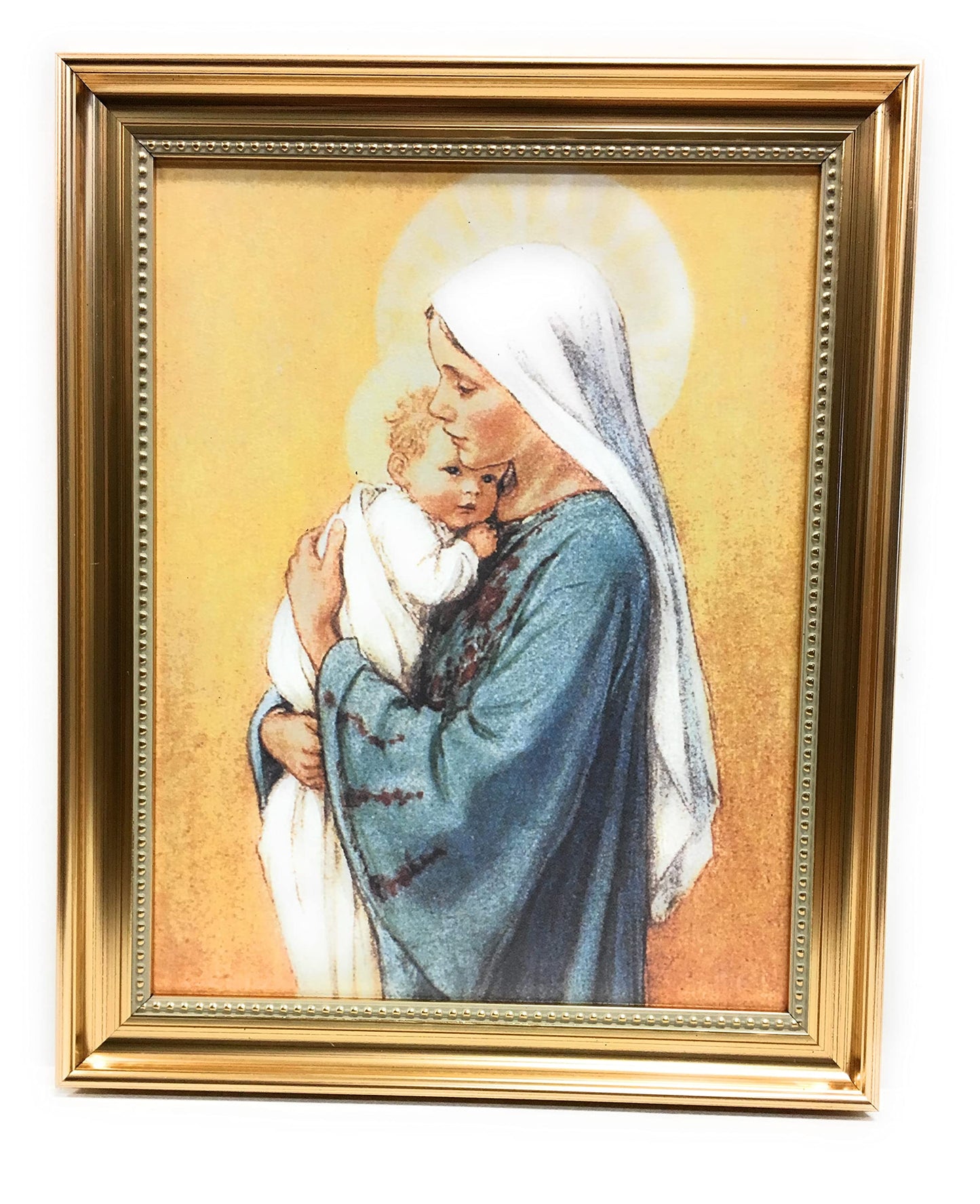 Barker: Madonna in Blue Picture, 13-1/2"x16-9/16 Gold-Leaf Fluted Frame with Beaded Lip, Textured Italian Print # 25280
