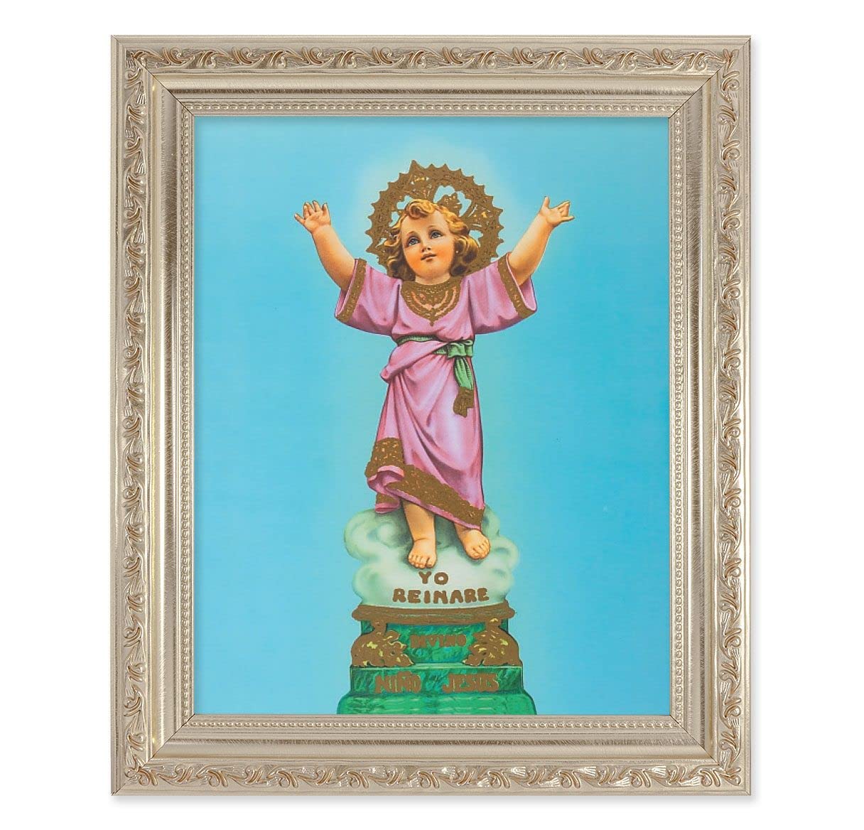 Divino Nino, 10"x12" Antique Silver & Carved Scrollwork Frame, Italian Print Under Glass # 26760