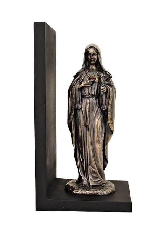 Immaculate Heart of Mary 9" Bookend, Cold Cast Veronese Bronzed Resin, Black Base