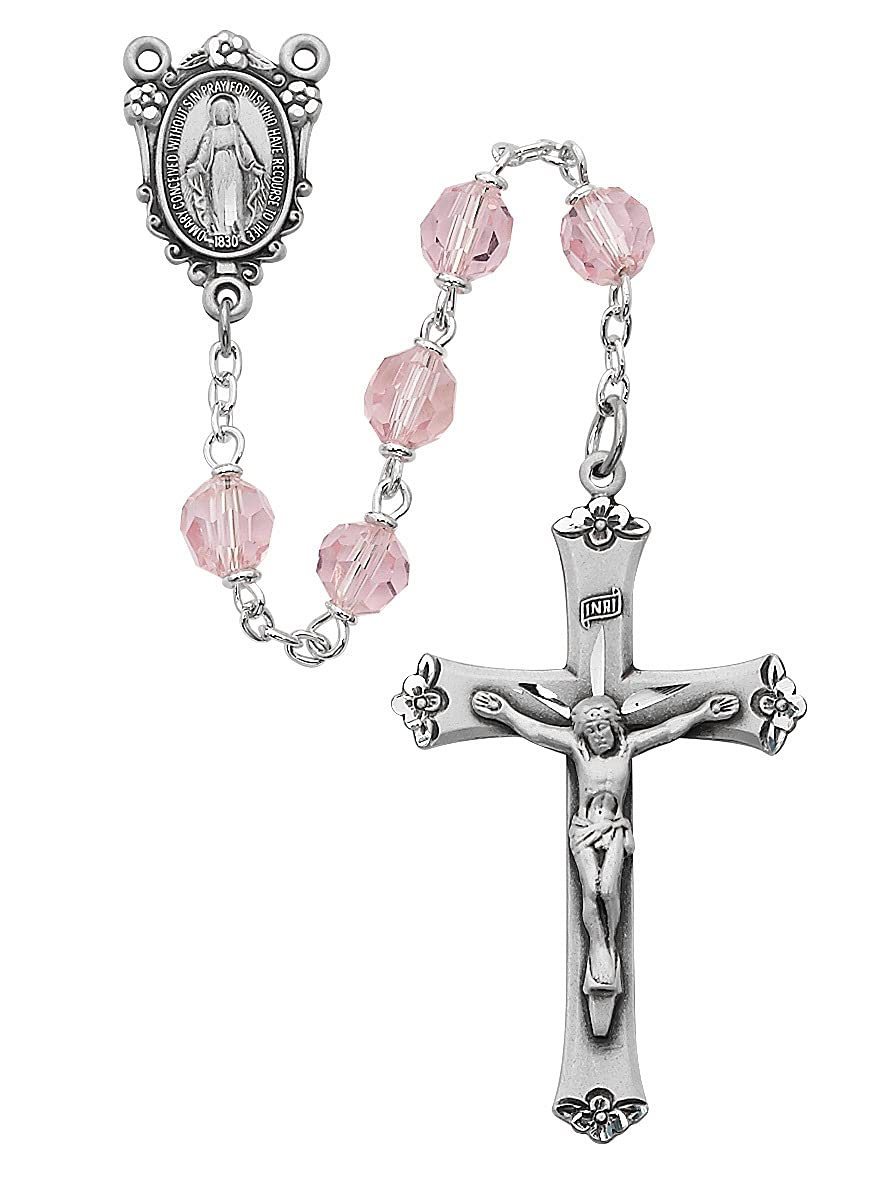 Mirac Medal Rosary, 7mm Tin Cut Pink Beads, Pewter Center and 1-7/8" Crucifix # 21184