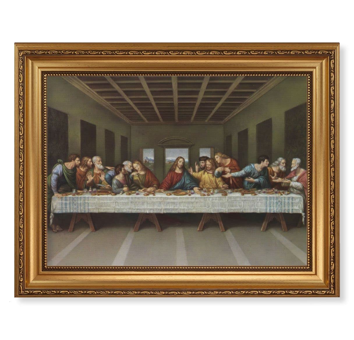 Davinci Last Supper Picture, 15-1/2"x19-1/2 Antique Gold Leaf Frame, Acanthus-Leaf Trim, Beaded Lip, Textured Italian Print # 22208