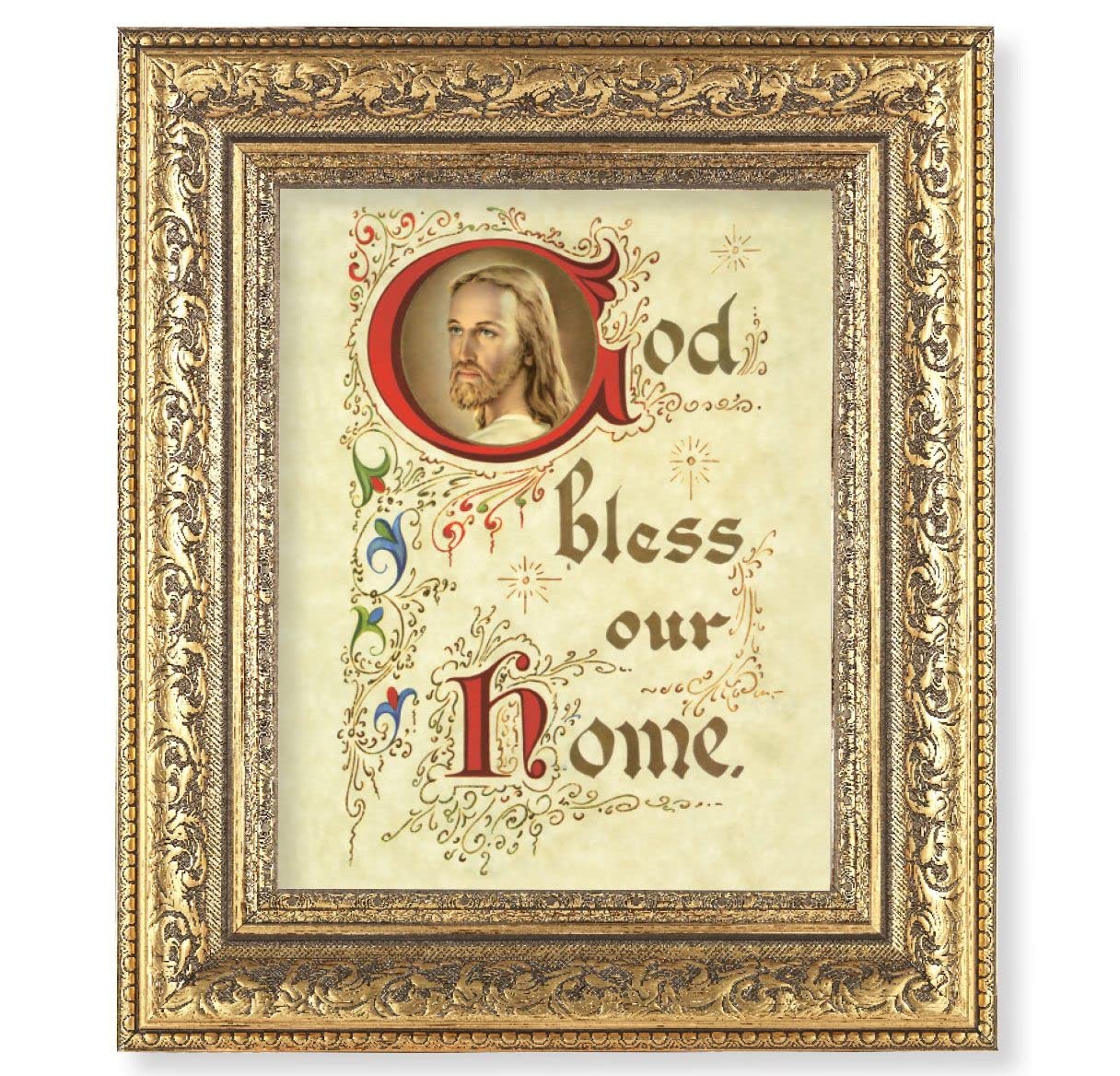 House Blessing Picture, 12-1/2"x14-1/2, Antique Gold Leaf Carvings Ornate Frame, Italian Print Under Glass # 25529