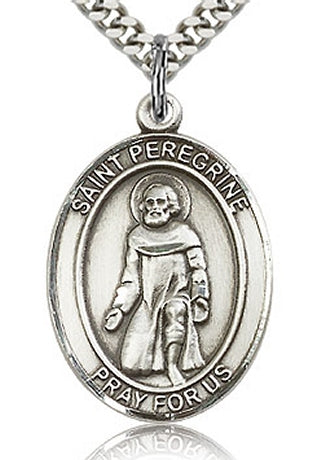St. Peregrine Oval Medal, Sterling Silver, 1"x3/4",  Your Choice of Chain, # 60648