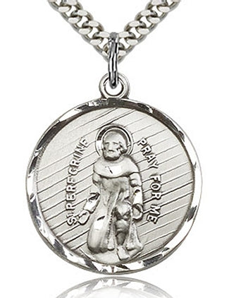 St. Peregrine Round Medal, Sterling Silver, 15/16", Your Choice of Chain, # 60655