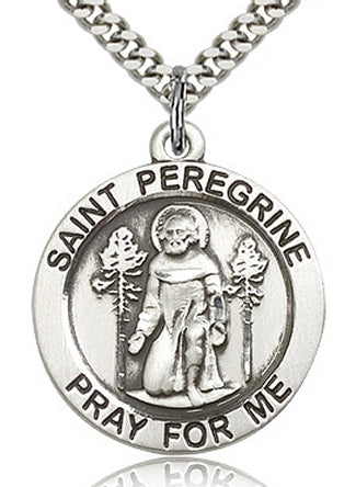 St. Peregrine Round Medal, Sterling Silver, 15/16",  Your Choice of Chain, # 60658